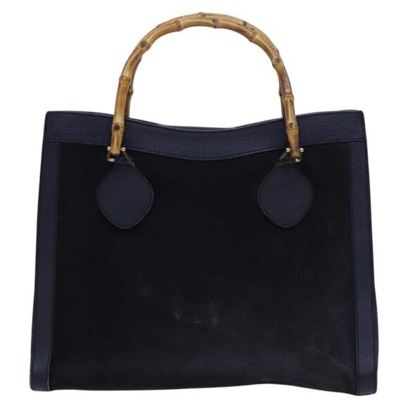 GUCCI Bamboo Hand Bag Suede Leather Navy Gold - Picture 3 of 12